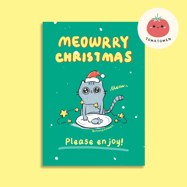 Postcard: Meorry Christmas Grey cat